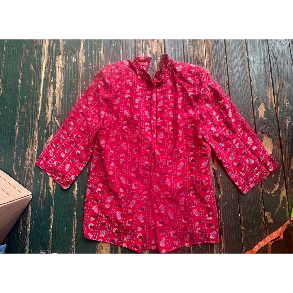 Halston III Vintage Red Silk Geometric Print Blouse 3/4 Sleeve Size 8